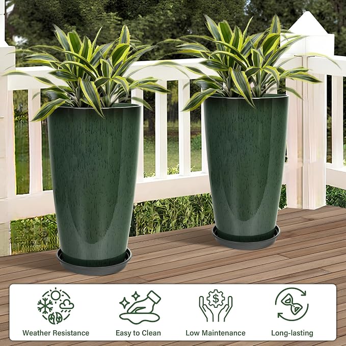 Set of 2 Lightweight Ceramic-Look Tall Planter, 21 inch Large Plastic Planter - Image 2