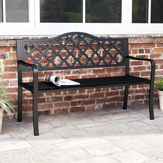 Tangkula 50.5” Metal Outdoor Park Bench, Slatted Patio Garden Bench - Image 2