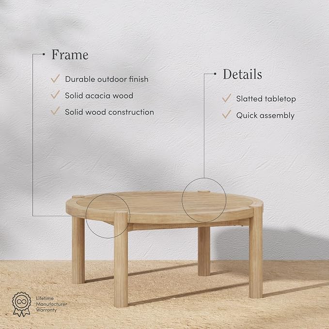 Nathan James Bora Round Outdoor Coffee Table, Farmhouse Wood Coffee Table - Image 4