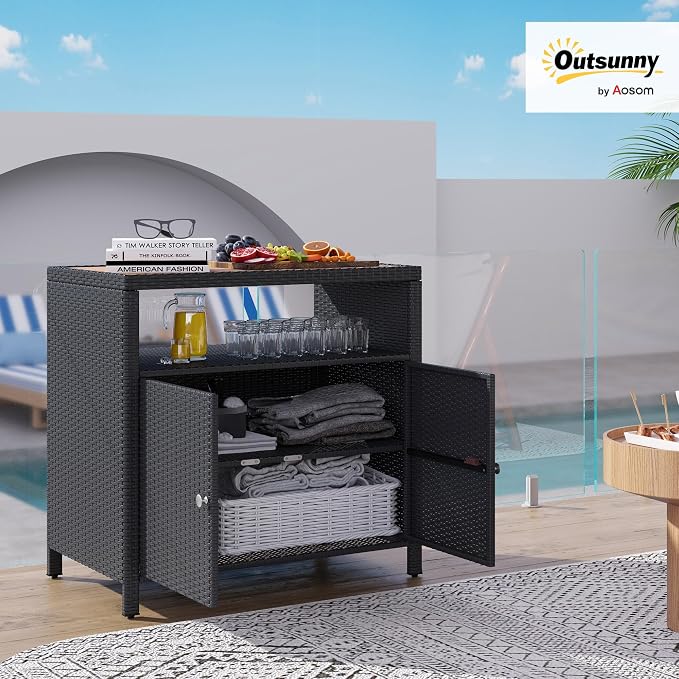 Outsunny Wicker Outdoor Storage Cabinet, Rattan Outdoor Bar Table - Image 2