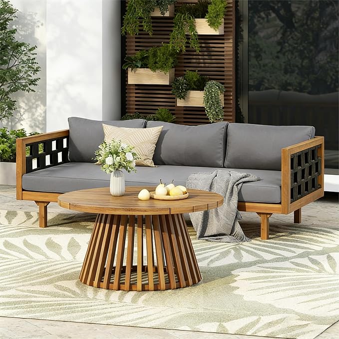 Merax 2 Piece Acacia Wood Outdoor Conversation Set, 3-Seater Outdoor Daybed Sofa by Merax