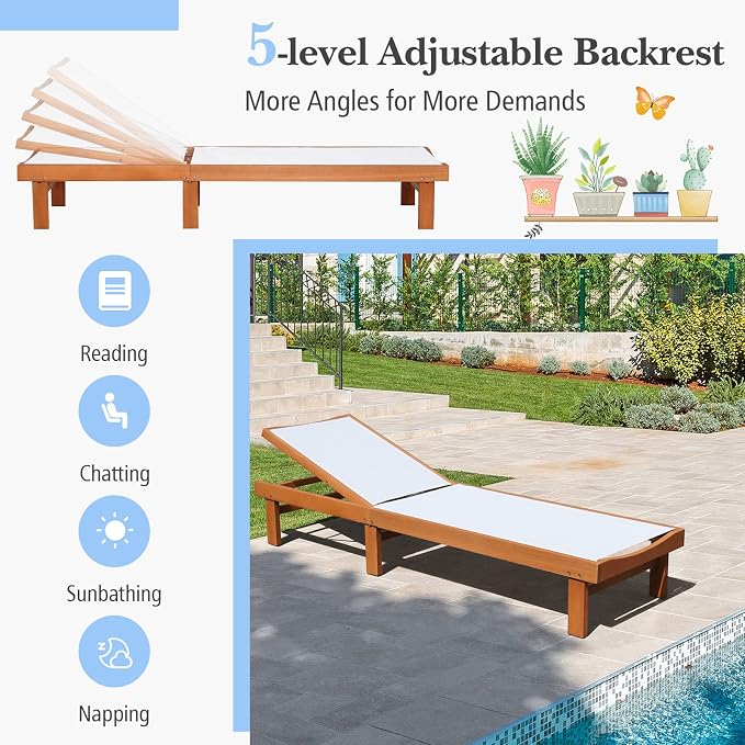 COSTWAY Set of 2 Patio Wood Chaise Lounge Chair, Strong Eucalyptus Wood Frame - Image 7