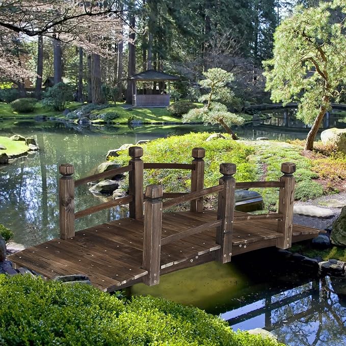 5FT Wooden Garden Bridge Arch Stained Finish Footbridge Decorative Backyard - Image 7