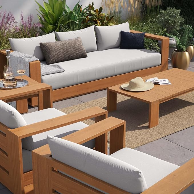Modway Tahoe Acacia Wood 5-Piece Outdoor Patio Furniture Set in Natural Light - Image 3