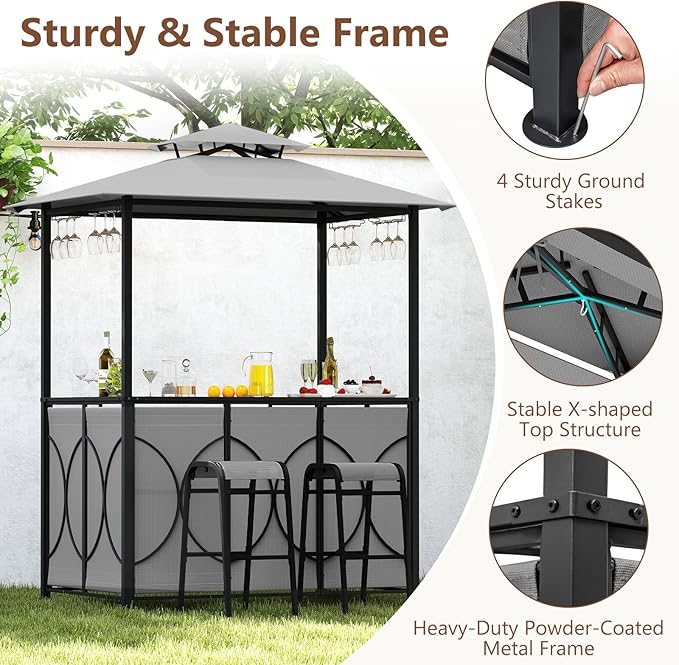Tangkula 3-Piece Patio Bar Set, Grill Gazebo & 2 Bar Stools - Image 6