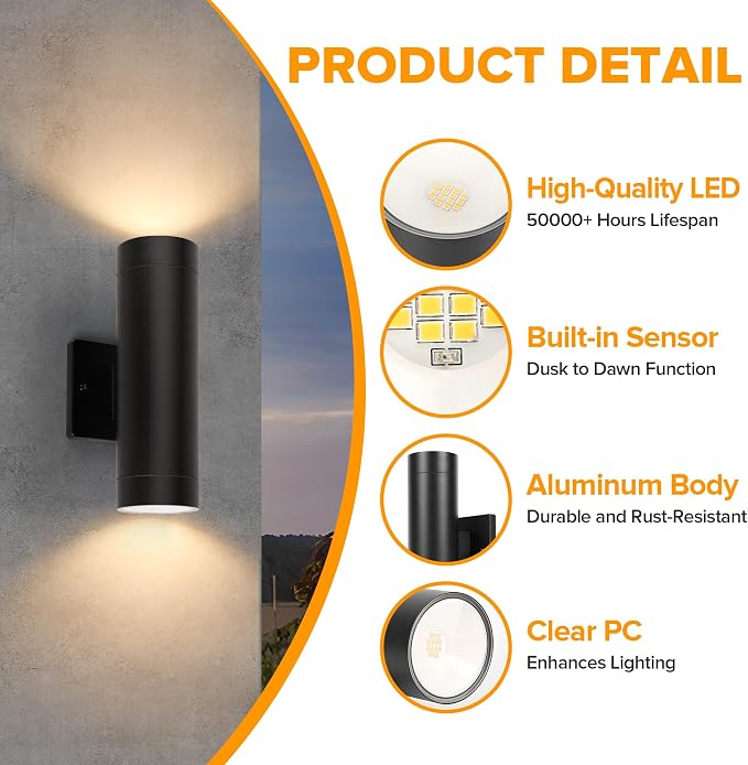 LUTEC Dusk to Dawn Outdoor Wall Lights, 16W Integrated LED Cylinder Up-Down - Image 3