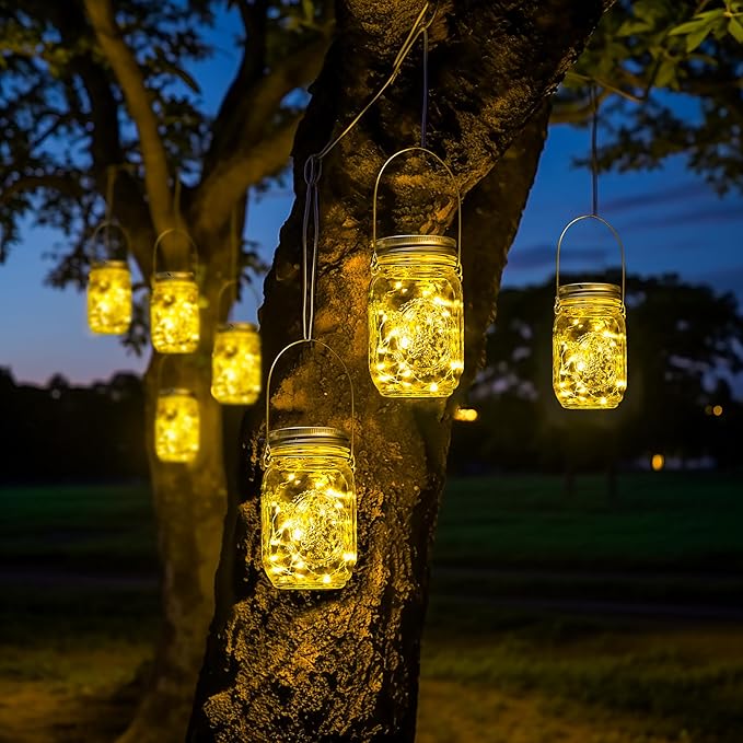 GIGALUMI Hanging Mason Jar Solar Lights, 6 Pack 30 Led Tinplate Lids Hanging - Image 2