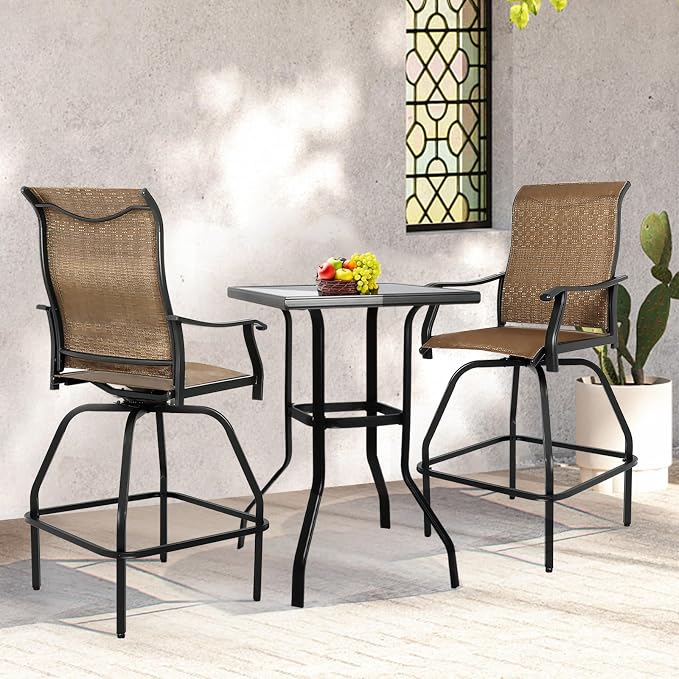 LEVELEVE Patio Bar Set 3pcs Swivel Bar Stools Outdoor Bistro Textilene - Image 7
