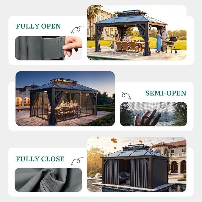 YITAHOME 10X12FT Polycarbonate Gazebo Outdoor Patio Double Top Canopy - Image 6