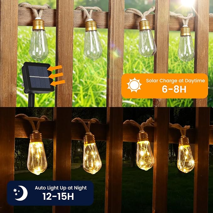 Solar String Lights, 24FT Vintage Rope Hemp Solar Outdoor String Lights - Image 2