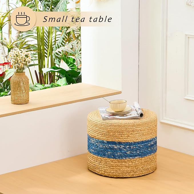 Handwoven Water Hyacinth Ottoman Pouf, Round Outdoor Footstool - Image 4