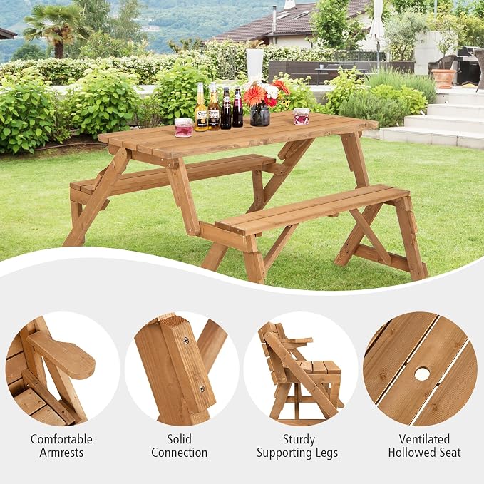 GYMAX Picnic Table, 2 in 1 Convertible Picnic Bench Table Set, Transforming - Image 7