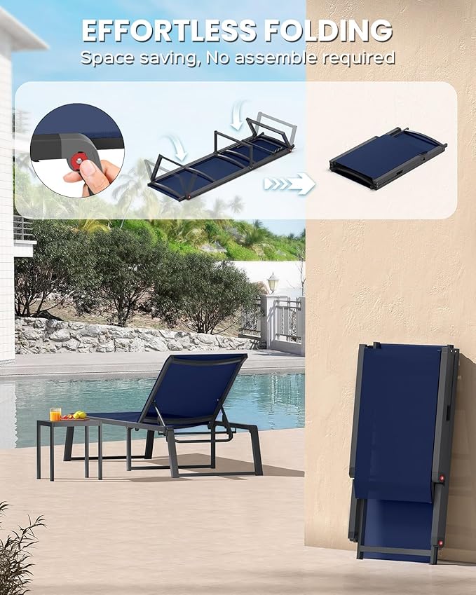 Aluminum Chaise Lounge Outdoor Set of 2, Foldable & Assembly Free Patio Pool - Image 3