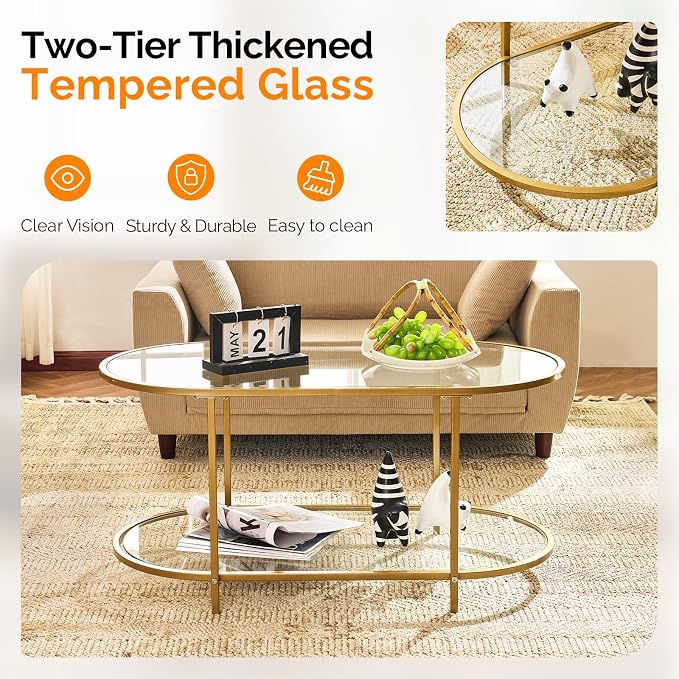 VINGLI 38" Oval Coffee Table, Transparent Glass Coffee Tables - Image 3