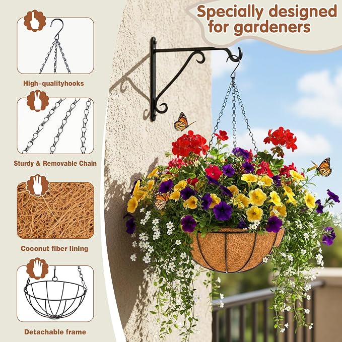 12 inch Metal Hanging Baskets For Plants Outdoor 4 Pack Round Metal Wire - Image 5