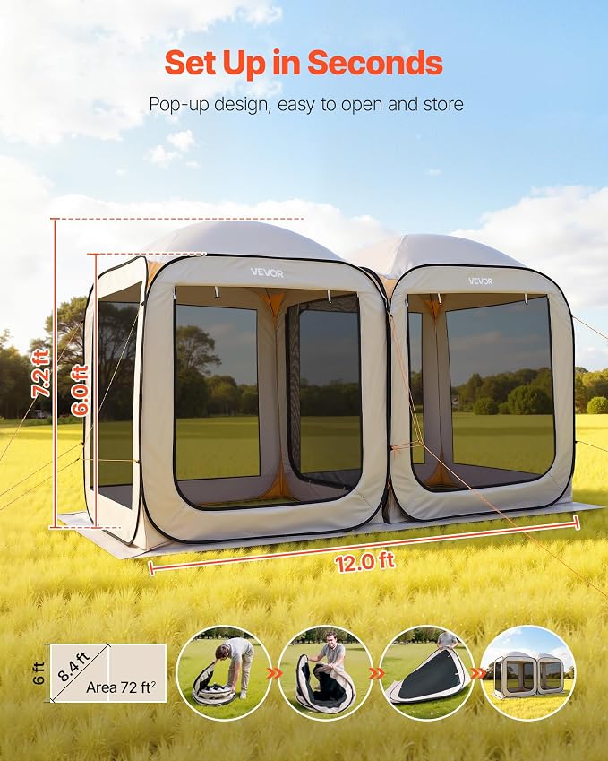 VEVOR 12x6ft 2-in-1 Pop-Up Screen House Tent, Dual Room Screen Gazebo, Portable - Image 2