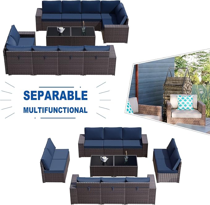 Kullavik Outdoor Patio Furniture Set, 12 Pieces Sectional Rattan Sofa Set Brown - Image 5