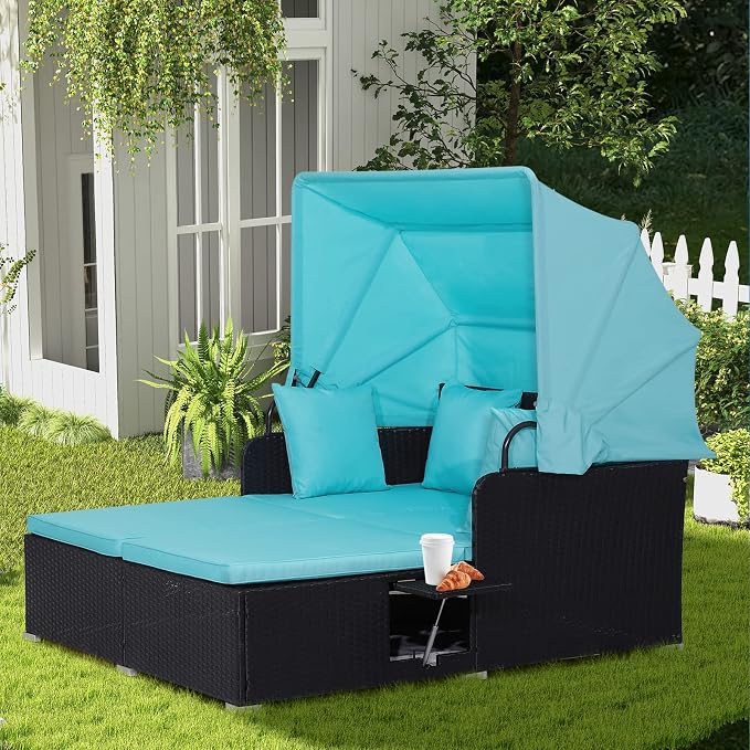 Moccha Outdoor Daybed with Retractable Canopy, Wicker Cabana with 2 Side Tables - Image 3