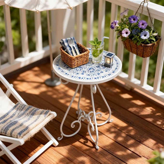 Outdoor Side Table & Mosaic Plant Stand, Indoor Outdoor Coffee Tea Table - Image 2