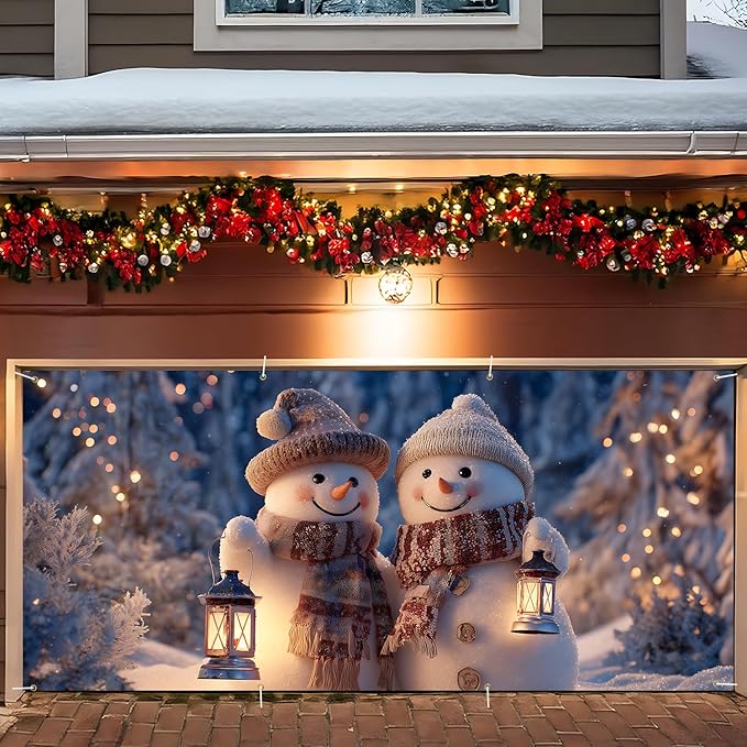 ANNA QUEEN Winter Garage Door Banner 6×13 FT, Smiling Snowman Couple by ANNAQUEEN