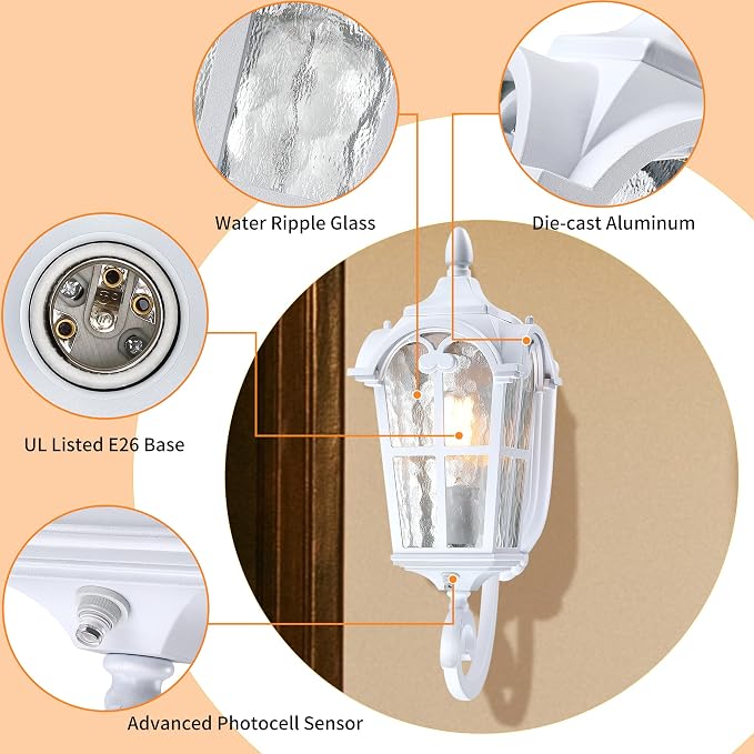LONEDRUID Dusk to Dawn Sensor Outdoor Porch Light White Exterior Wall Lantern - Image 2