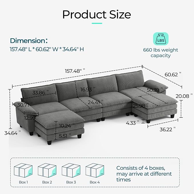 LINSY HOME 157'' Modular Sectional Sofa Grey Couch Corduroy Cloud Couches - Image 2