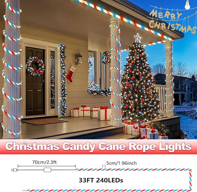 Jnaurb Christmas Candy Cane Lights, 33ft 240 LED Connectable White & Red & Blue - Image 6