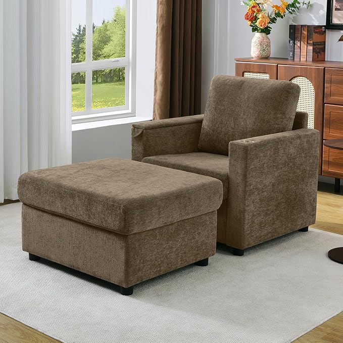 Modern Accent Chairs with Storage Ottoman Set, Chenille Reading Armchair with - Image 6