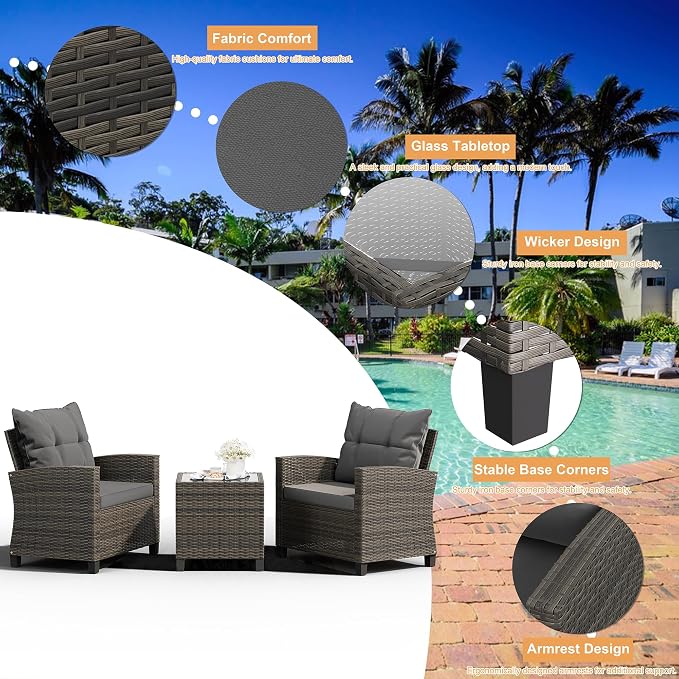 Shintenchi 3 Pieces Patio Furniture Set 3 Pieces PE Rattan Wicker Chairs - Image 6
