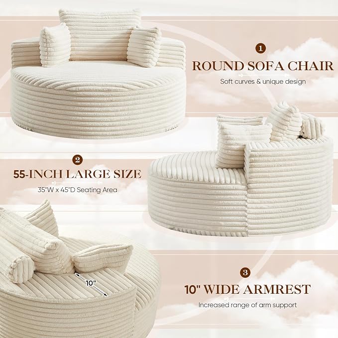 Oversized Round Chaise Longue Chair Indoor, Modern 55-inch Upholstered Corduroy - Image 5
