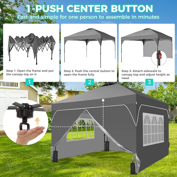 8x8 FT Pop Up Canopy with 1-Button Push, 4 Removable Sidewalls, Instant Canopy - Image 2