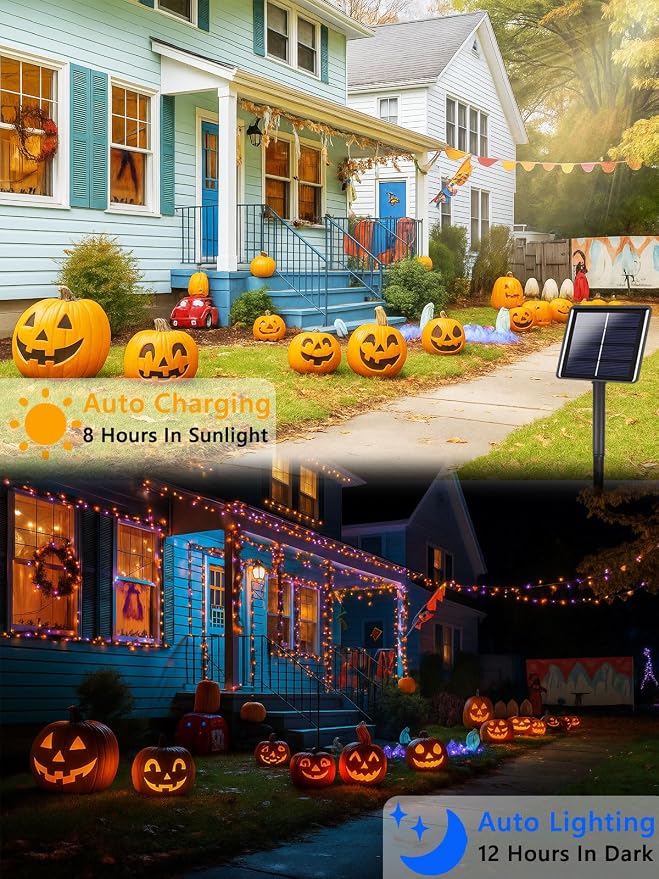 4 Pack 180FT Halloween Solar Lights Outdoor Waterproof, 320LED Orange and - Image 4