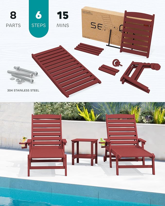 SERWALL Patio Chaise Lounge Chair Set of 2, Poly Lounge Chair - Image 6