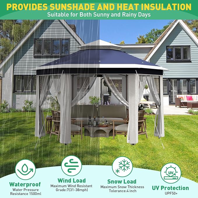 13' x 13' Pop-Up Gazebo, Hexagonal Canopy Shelter - Image 9