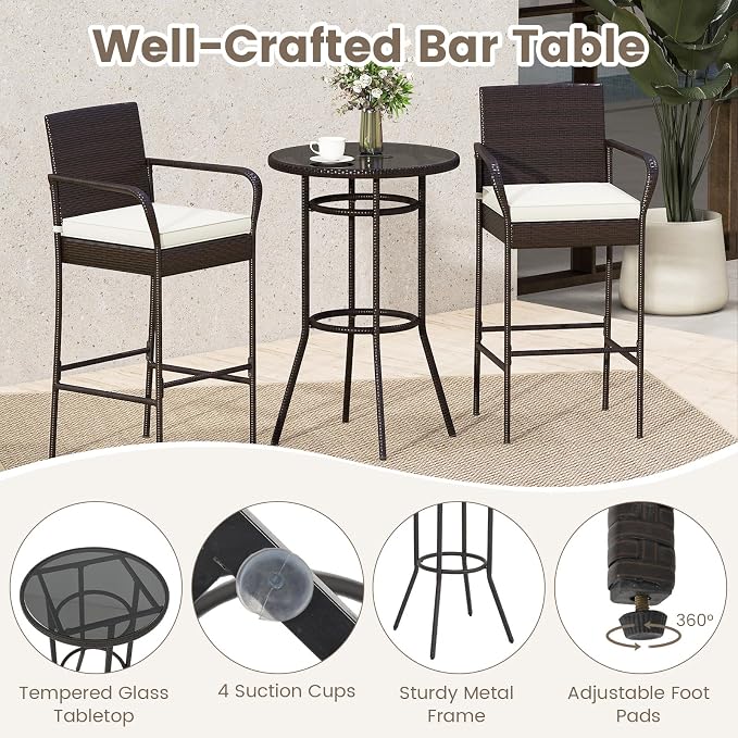 Tangkula 3 Piece Outdoor Bar Set, Patio Rattan Heavy Duty Bar Height Glass Top - Image 8