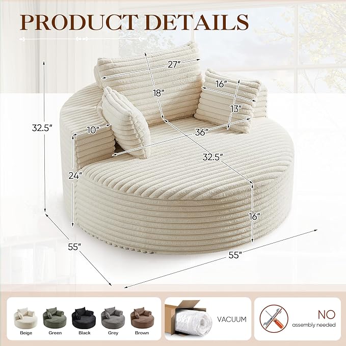 Oversized Round Chaise Longue Chair Indoor, Modern 55-inch Upholstered Corduroy - Image 2