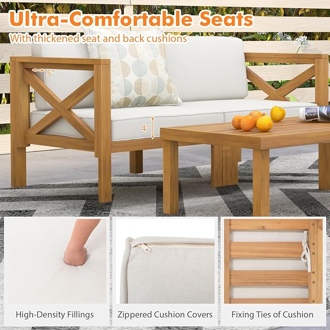 Tangkula 5 Piece Outdoor Conversation Furniture Set, Acacia Wood Sectional Sofa - Image 6