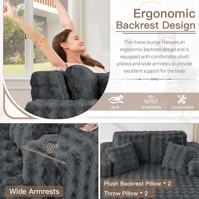 56" W Oversized Chaise Lounge Chair Indoor, Plush Faux Fur Sleeper Couch Sofa - Image 4