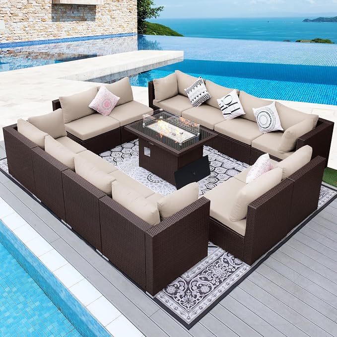 NICESOUL 13 Piece Patio Furniture w/Fireplace, Elegant Outdoor Seating w/Firepit by NICESOUL