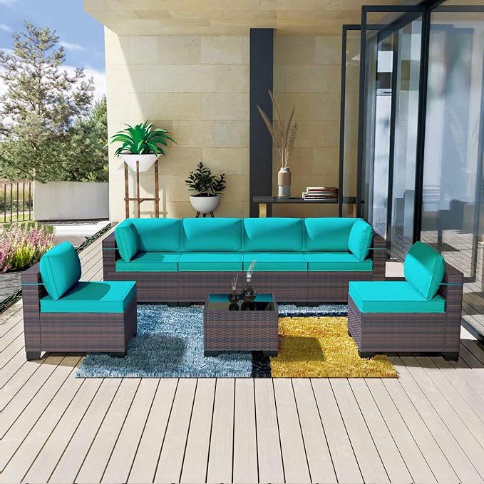 Kullavik 7 Pieces Outdoor Patio Furniture Set, Sectional Rattan Sofa Set Brown by KULLAVIK