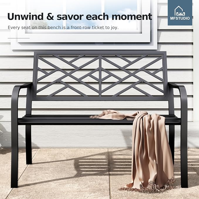 MFSTUDIO Outdoor Metal Bench Set of 2, Garden Patio 43.7 Inches Cast Iron Metal - Image 9