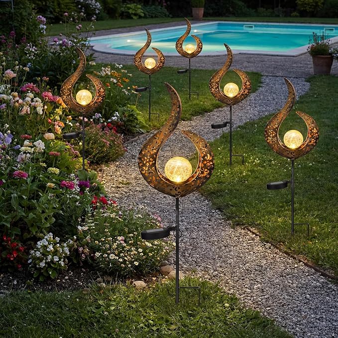 6 Pack Solar Stake Lights Outdoor Decorative Metal Ground Pathway LED Stake - Image 7