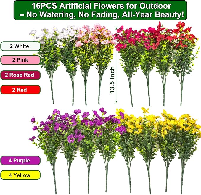 Artificial Fake Flowers for Outdoor Decoration, 16 Bundles Faux Silk Colorful - Image 2
