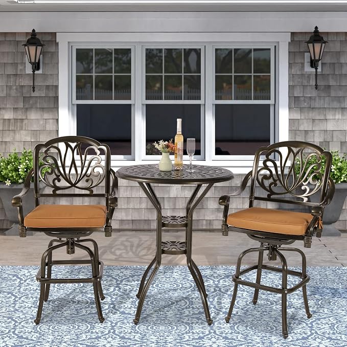 VIVIJASON 3-Piece Patio Swivel Bar Stools Set, All Weather Cast Aluminum - Image 6