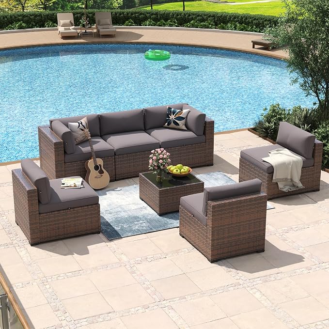 Aoxun 7 Piece Patio Furniture Set Wicker Rattan Patio Conversation Set Outdoor - Image 3