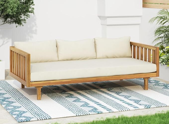 Merax Outdoor 3 Seater Daybed, Acacia Wood Day Bed Couch Sofa by Merax