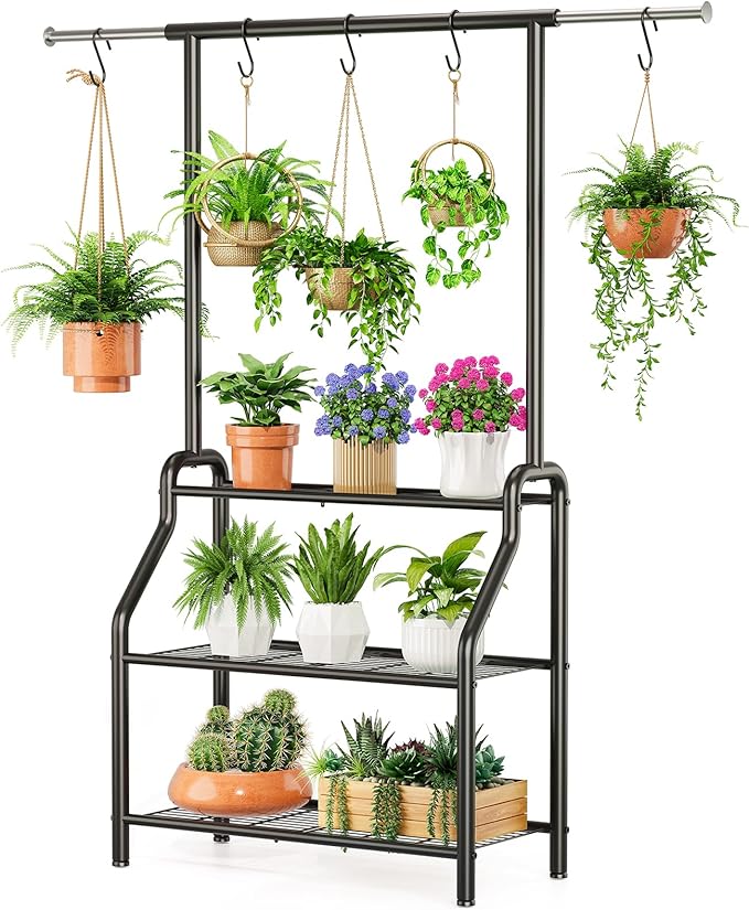 Plant Stand Indoor Outdoor, 3-Tier Heavy Duty Metal Hanging Plant Shelf by Lincordor