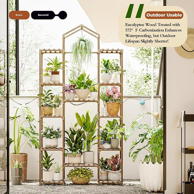Bamworld 74.4" Tall Plant Stand Indoor Outdoor Wood Plant Shelf Hanging Plant - Image 2