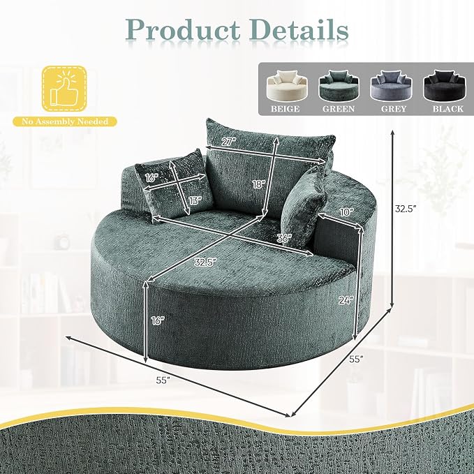 Oversized Round Chaise Longue Chair Indoor, Modern 55-inch Upholstered Chenille - Image 2