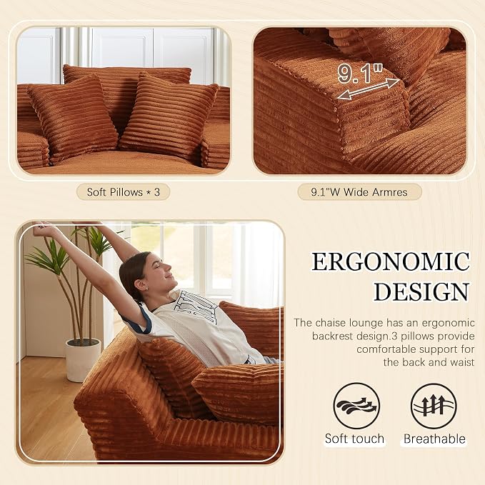 80 Inch Chaise Lounge Chair Indoor, Oversized Corduroy Upholstered Boneless - Image 4